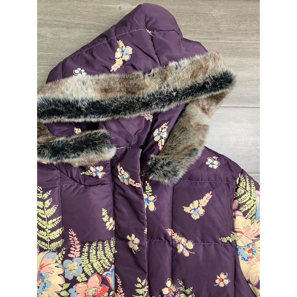 Sundance Hooded Down Puffer Coat Parka Purple Floral Fur Trim Size Small - Picture 9 of 10